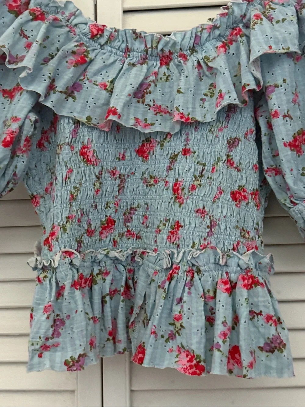 Free People Light Blue Floral Favorite Girl Smocked Ruffle Top